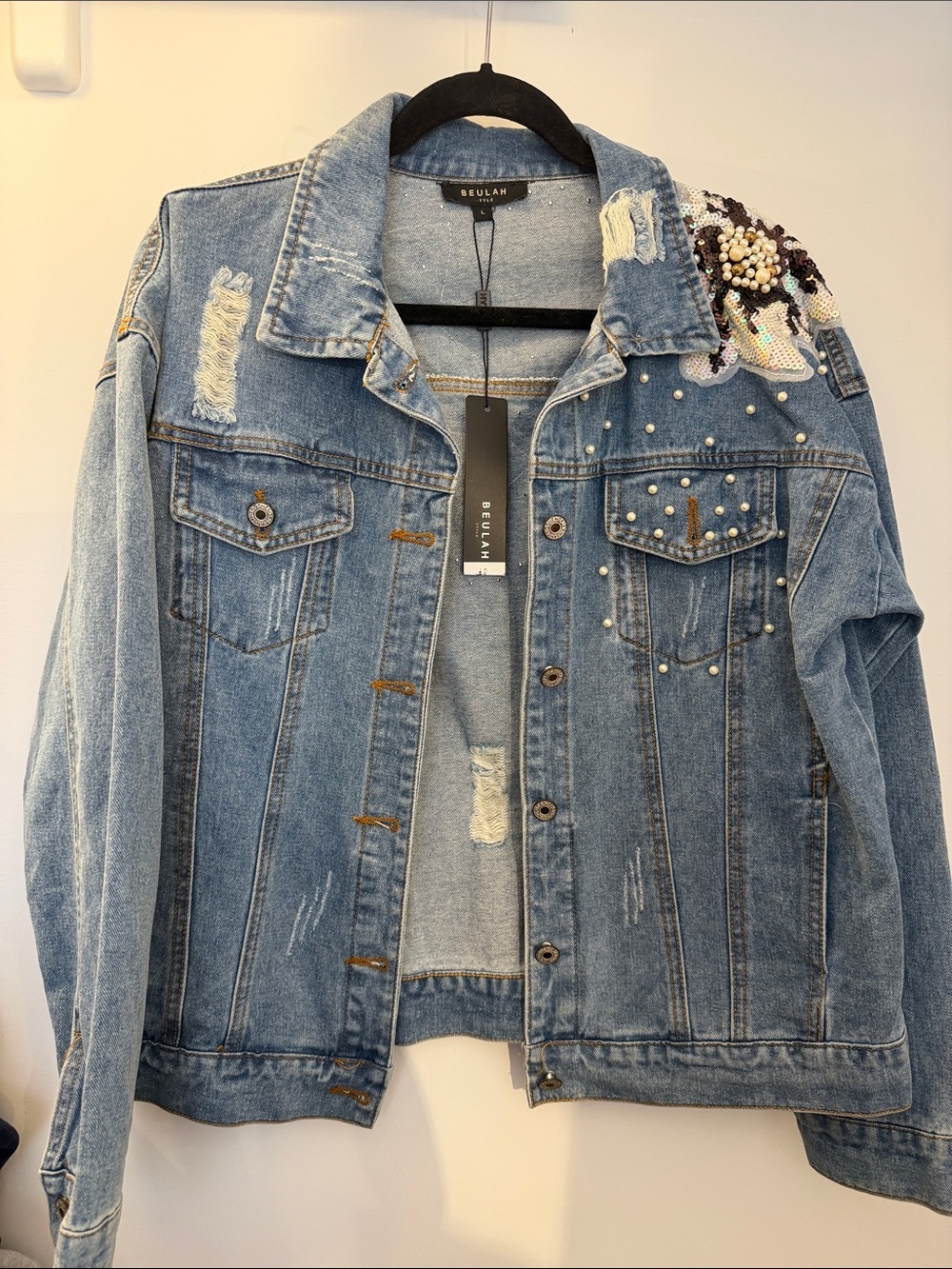 Beulah Light Blue Distressed Denim Jacket with Pearl & Sequin Shoulder